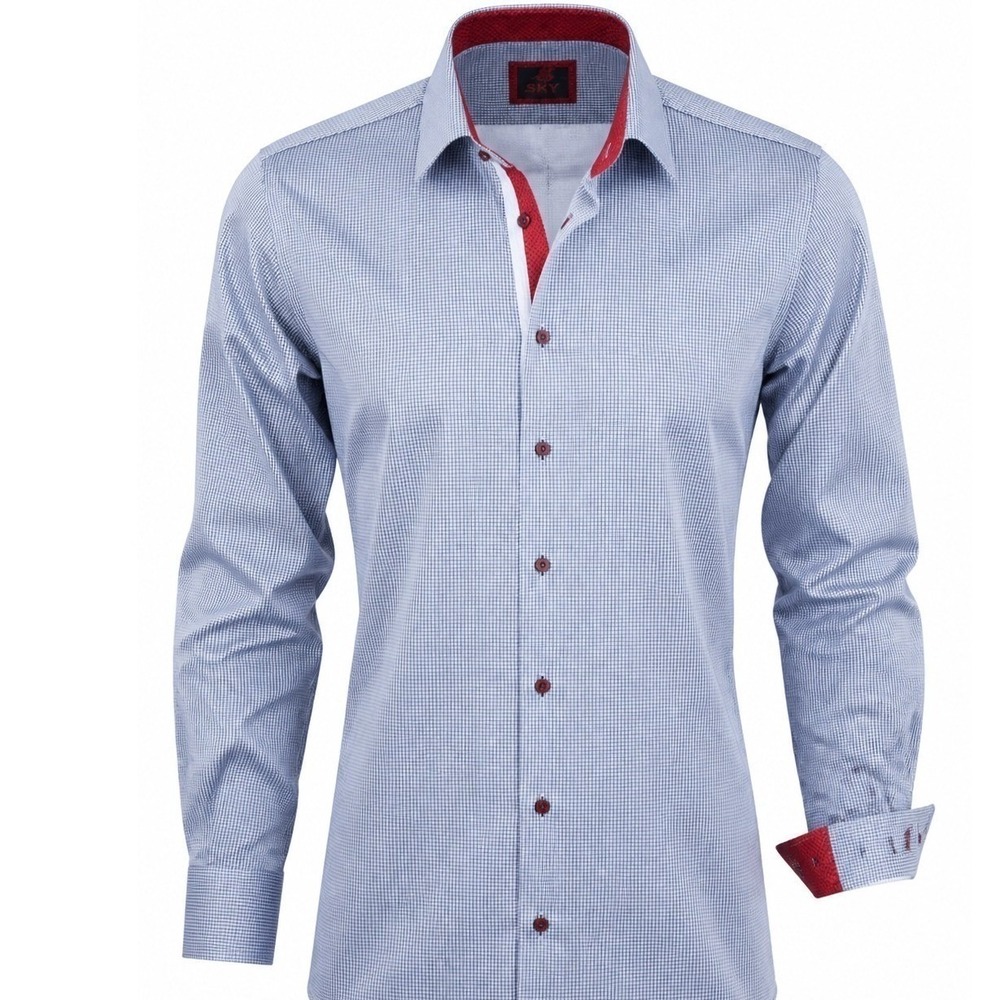 Axxess Mens XL Blue White Micro Houndstooth Button Down Shirt Red Contrast Trim